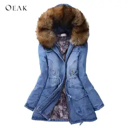 OEAK 2018 женские джинсовые куртки зимние парки из искусственного меха с капюшоном пальто женские теплые утепленные парки верхняя одежда