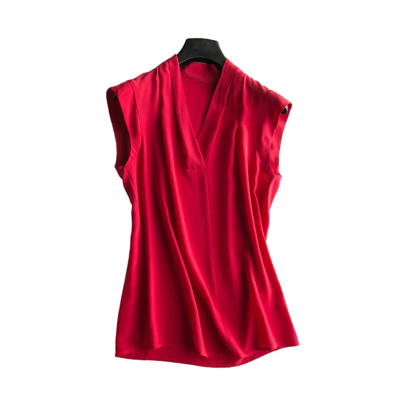 

2019 Summer Brand Women's Shirt Heavy Silk T-Shirts Big Size Sleeveless Pure Silk Top Short Plus Size