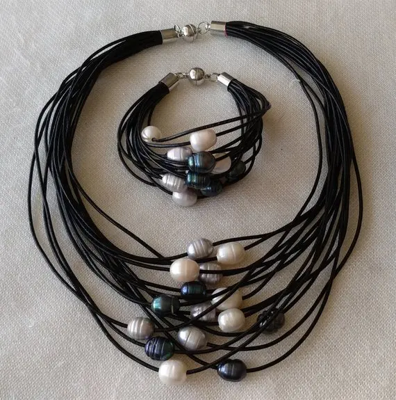 

Unique Pearls jewellery Store 15 strands Black color leather rope Multicolor Freshwater Pearl Necklace Bracelet Jewelry Set