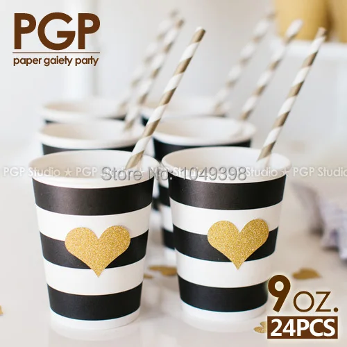 

[PGP] 9oz Black Striped Paper Drinking Cups, Beverage Cups, for New Year Eva Halloween Bridal Shower Hen Wedding Party Drinkware
