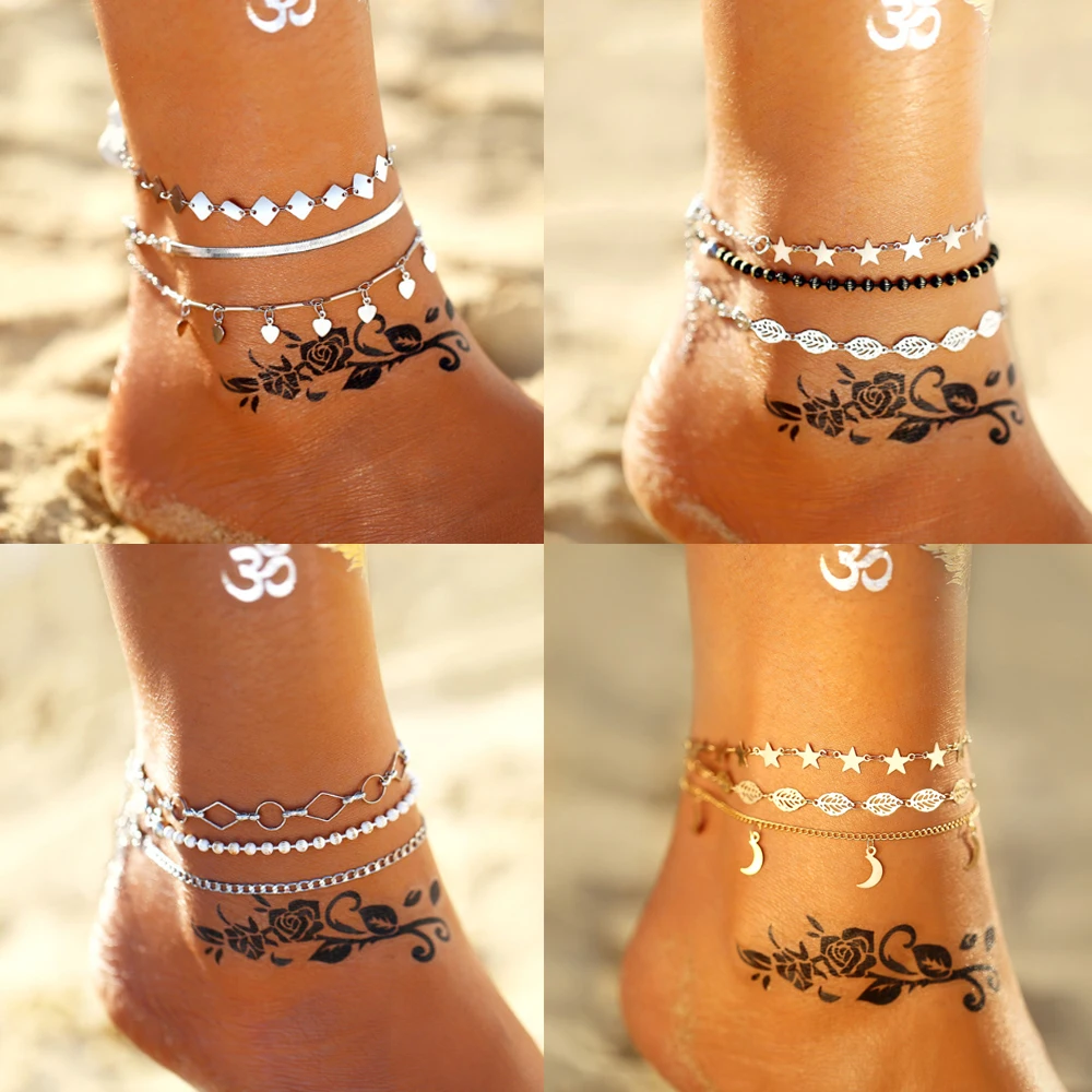 

2019 New Multi Layer Anklet Bracelets For Women Vintage Silver Gold Heart Star Beads Anklets Set Bracelet On Leg Beach Jewelry