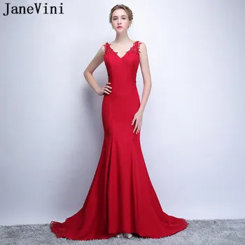 

JaneVini Elegant Red Mother of The Bride Dresses 2018 Mermaid V Neck Lace Appliques Beaded Plus Size Evening Gowns Vestido Largo