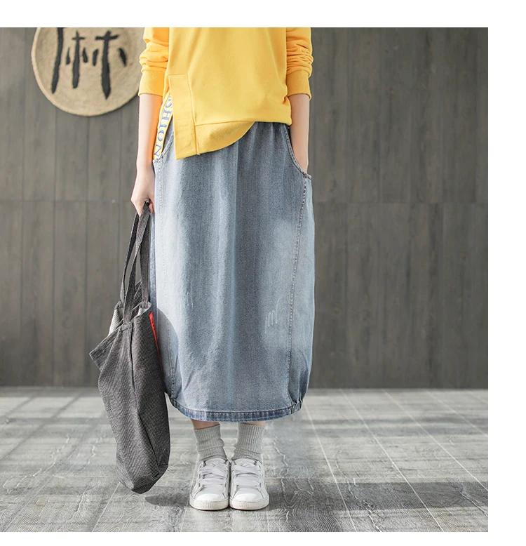 Spring Autumn Skirt Fashion Women Large size Denim skirt New Ladies Elastic Waist pocket Bleached Mori girl Casual Loose skirt