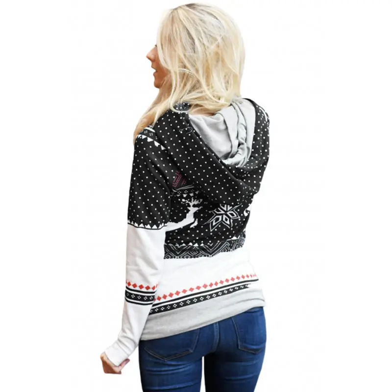 Snowflake Reindeer Print Hooded Sweater Christmas Autumn Pocket Thumb Hole Long Sleeve Double Layer Sweatshirt Women Clothes Top (5)