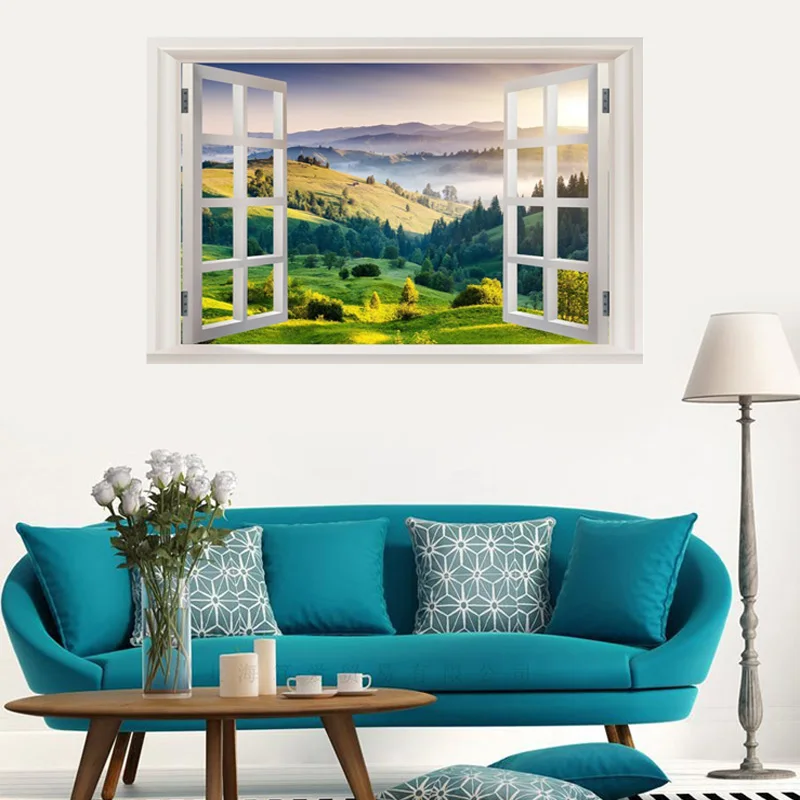 Window scenery Mountain natural landscape 3D wall stickers Vinyl DIY