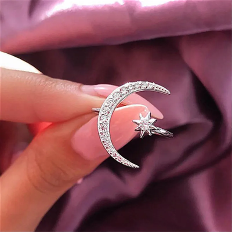 

2019 Female Fashion Rings For Women Girls Moon&Star Dazzling Open Finger Rhinestone Ring Crytal Ring Wedding Engagement Jewelry