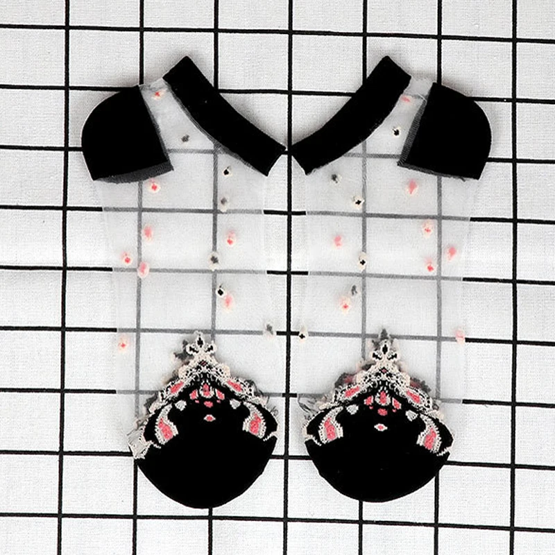 

Summer Crystal Silk Socks for Women Ultrathin Floral Printed Lace Boat Sock Girls Transparent Slim Short Ankle Meias Chiffon Sox