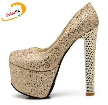 

2017 spring woman's lace extra high 15.5cm heels pumps shoe for women PR357 gold silver luxury platforms rivets parties pump