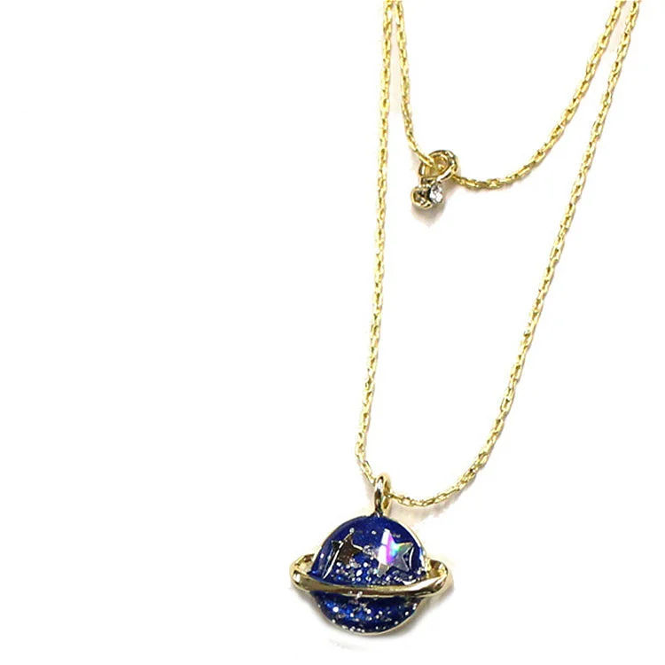 

Gold Color Sweet Blue Saturn Planet Star Moon Design Pendant Necklace Wholesale for Women Jewelry