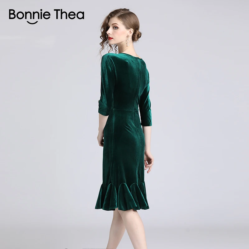 Bonnie Thea винтажное зеленое бархатное женское платье русалки vestido Осеннее