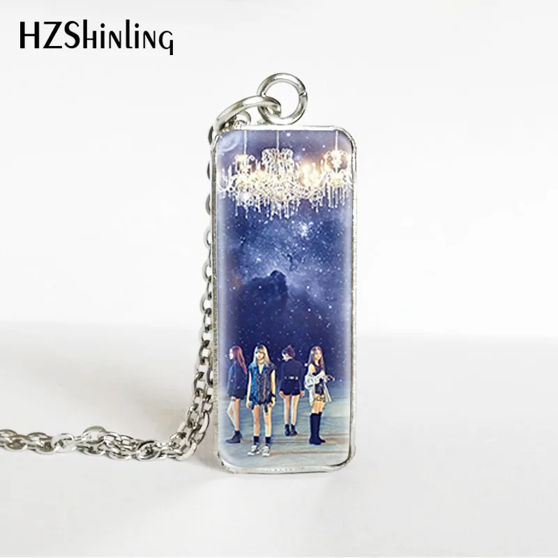 Hot Kpop Group Blackpink Lisa Rose Jennie Jisoo Rectangle Necklace Glass Cabochon Pendant Rectangle Necklace Jewelry Gifts