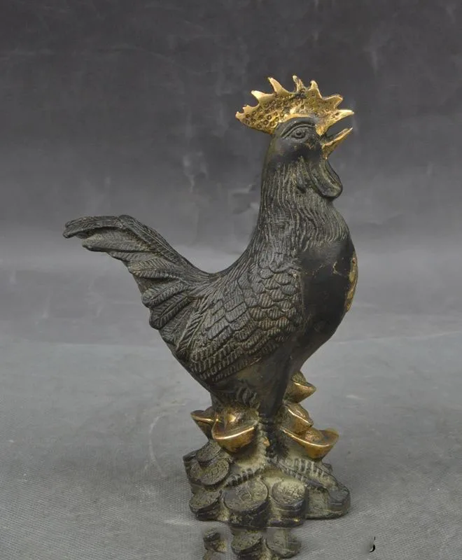 

Crafts statue Lucky Old China Fengshui Bronze Gilt Wealth yuanbao money Cock Rooster Statue