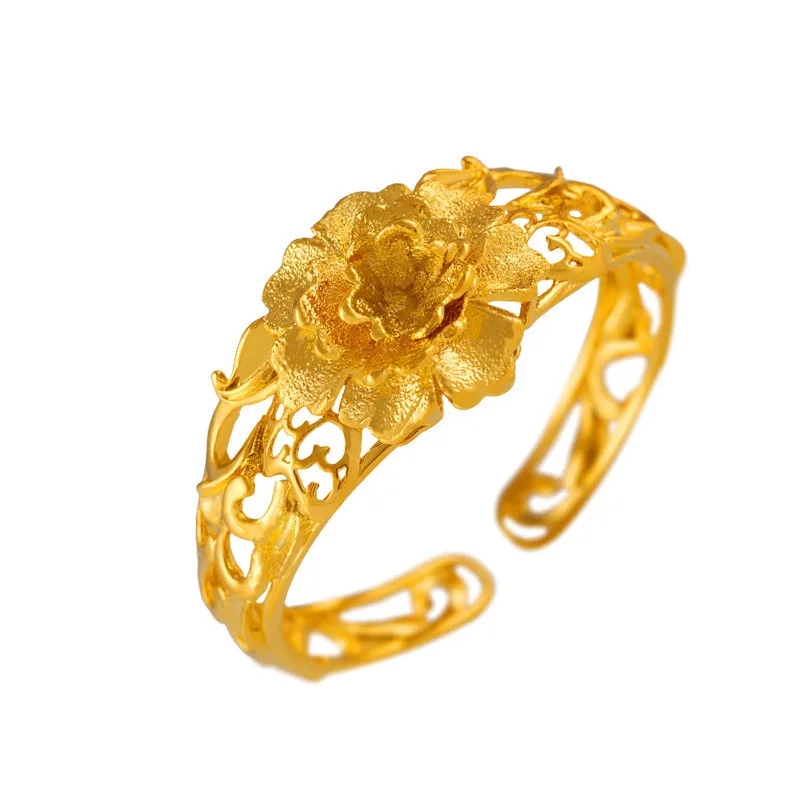 Retro Bridal Bangle Yellow Gold Plated Hollow Out Flower Bracelet Fashion Cuff Bangle