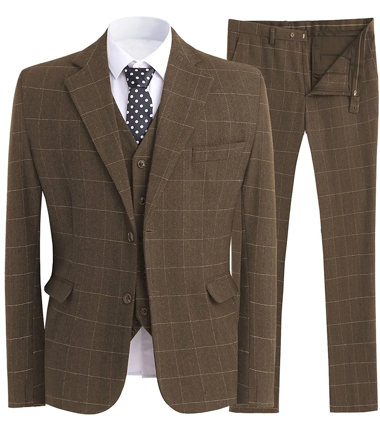 Mens 3 Piece Slime Fit Business Suits Wool Blend Herringbone Tweed Suit Vintage