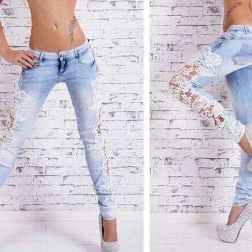 Сексуальные женские джинсы с низкой талией, кружевные потертые джинсы, вязанные крючком джинсы, узкие брюки для женщин