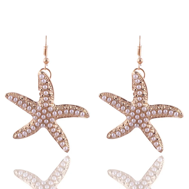 

2016 Statement Jewelry Simple Geometric Hook Earrings Romantic Gold Color Cute Starfish Pearl Dangle Earrings For Women Brincos