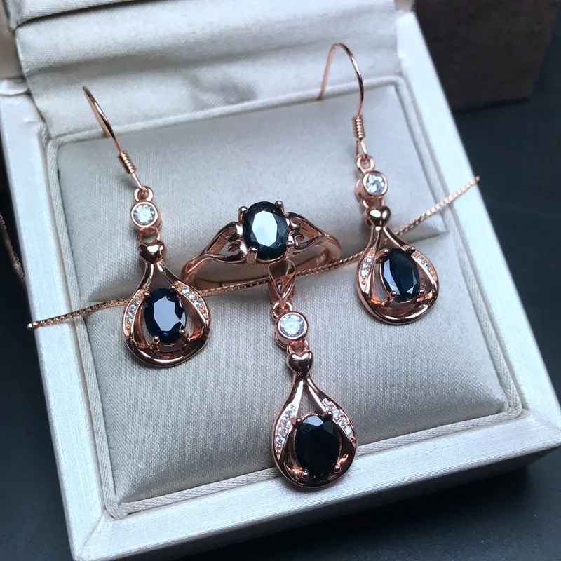 MeiBaPJ Natural Sri Lanka Sapphire Gemstone Jewelry Set 925 Sterling