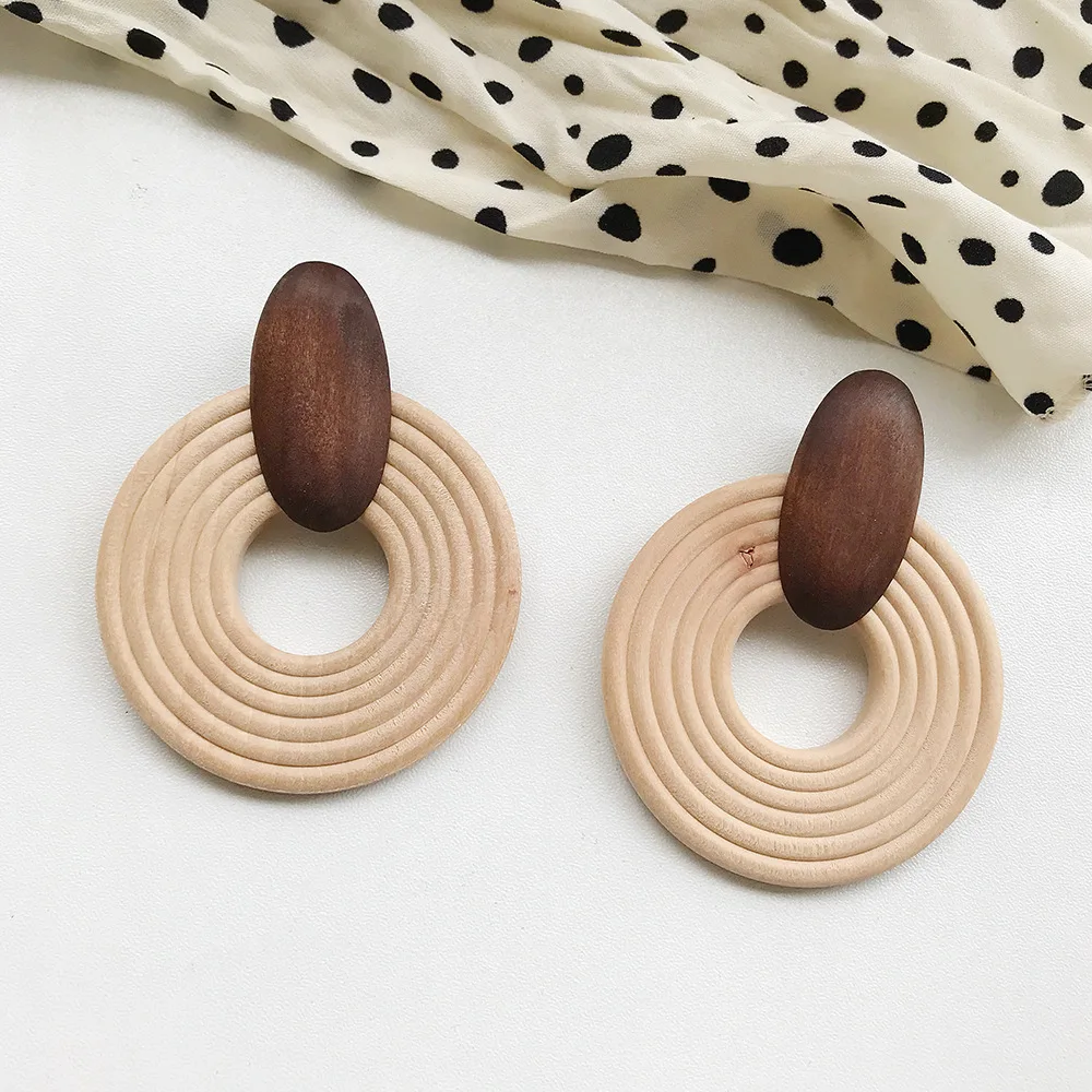 Fashion Multiple Korea Rattan Vine Braid Drop Earrings For Women Geometric Circle Square Handmade Wooden Straw Weave Earrings