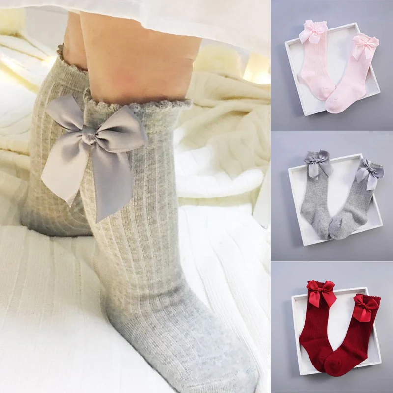 

2019 News Bowknot Baby Socks Striped High Knee Kids Baby Girl Socks Children Sokjes Toddler Infant Knee High Long Socks Sokken