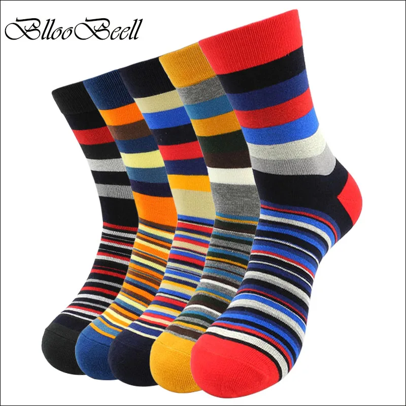 BllooBeell Men's Combed Cotton Socks Colorful Stripe Design Men's Socks