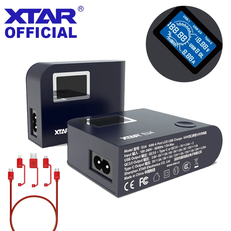 

XTAR CHARGER EU4 64W Type C QC3.0 Charger Power LCD Screen 4Ports USB Charger For iPhone/Samsung/Xiaomi Wall Travel Fast Charger