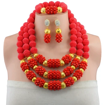 

2017 Fashion Women Dubai Gold-color Jewelry Sets Red Nigerian Wedding African Jewelry Sets african beads jewelry set