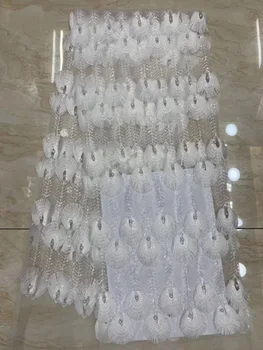 

2019 Latest White African Lace Fabric Beads Embroidered Nigerian High Quality French Tulle Sequins Lace Fabric For Dress A1738