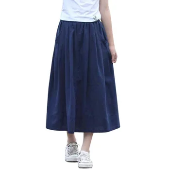 

2020 spring summer women linen skirt high waist long skirt elastic waist pleated skirt elegant casual skirts women saias S1607