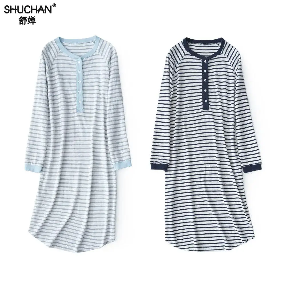 Shuchan полосатая одежда для сна ночная рубашка с длинным рукавом ночная рубашка хлопок 70% горячий сна платье Новинка голубой пижамы Soft 8822