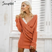 Simplee Sexy V neck cross knitting sweater dress Women elegant long sleeve pullover female winter dress