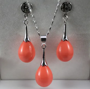 

wholesale noble 12*16mm orange water drop shell pearl pendant & fu lucky earring jewelry set 002