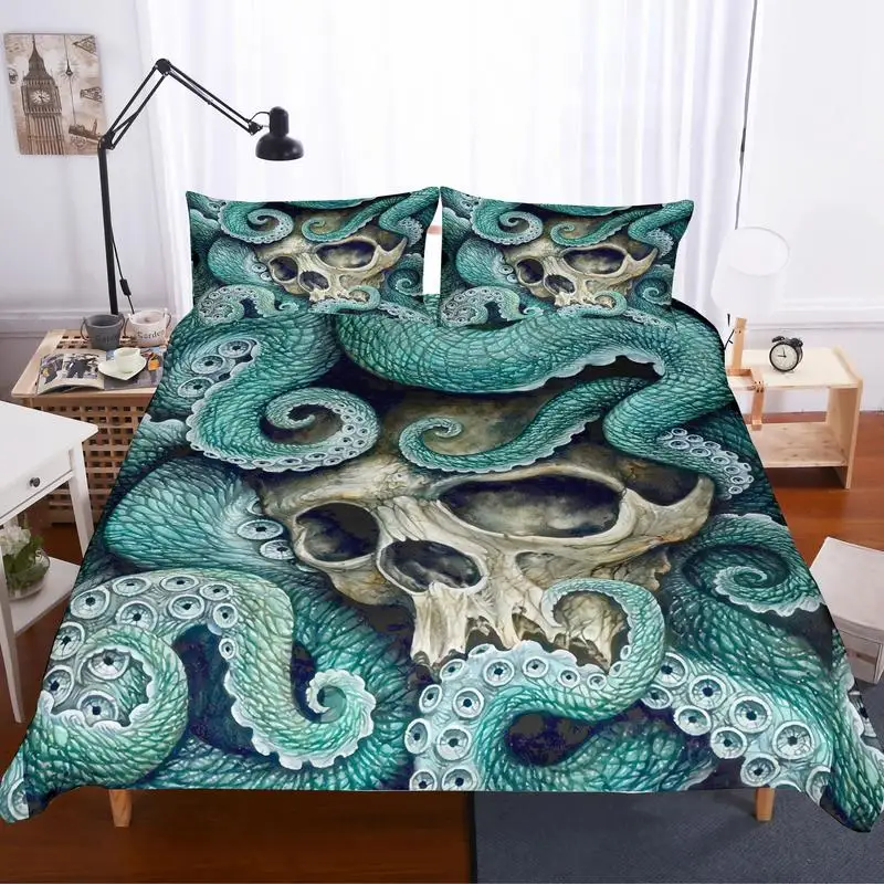 

Octopus and Skull Bedding Set Blue Tentacles Hand Duvet Cover Set Gothic Bedclothes Vintage Home Textiles 3-Piece