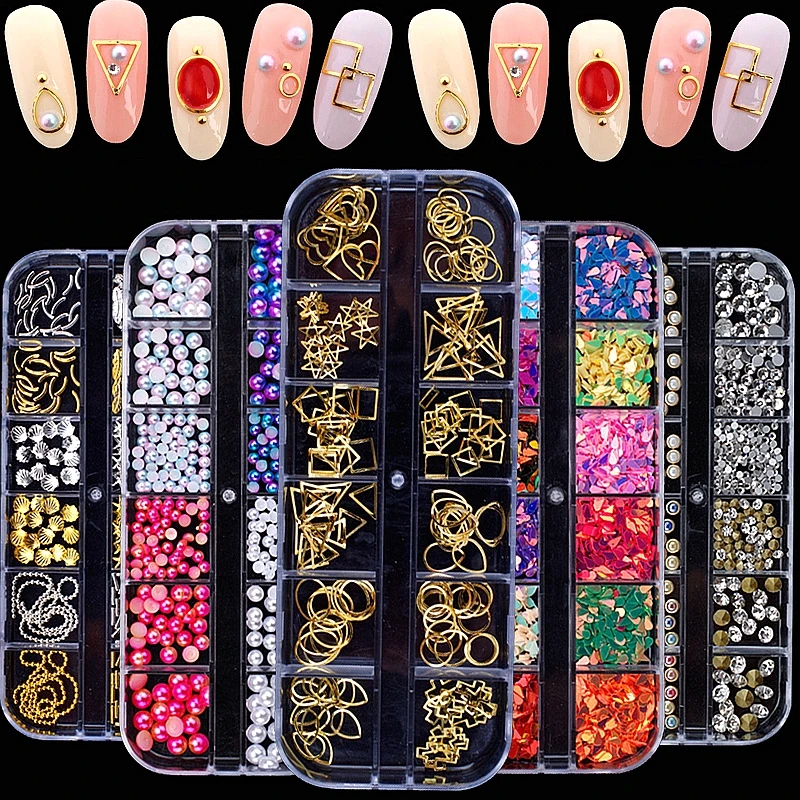

1 box mixed style 3d nail art decorations rhinestones caviar beads shell pearl sequins frame glitter nails accessoires manicure