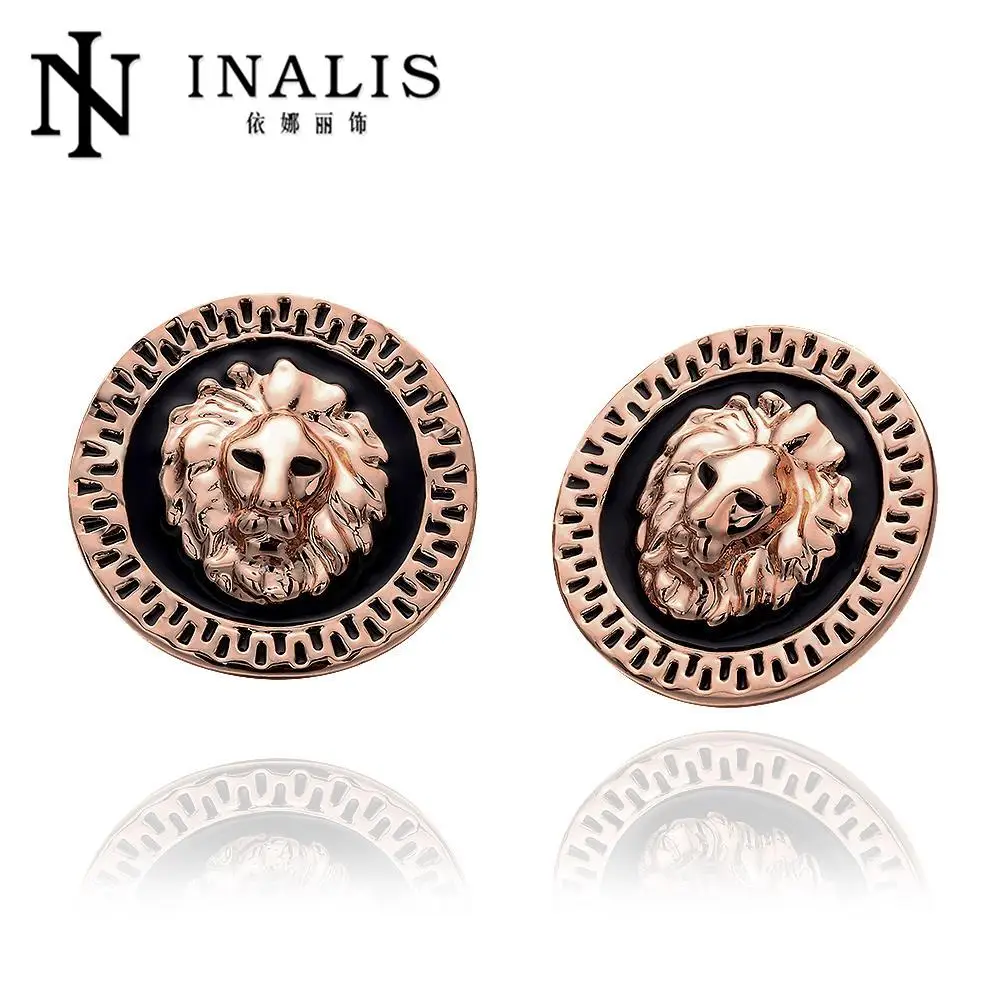 

INALIS Rose Gold Color Lion Face Black Background Round Stud Earrings E963-B