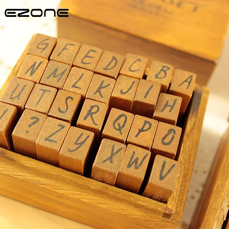 

EZONE 1PC Wooden Vintage Rubber Alphabet Letter Stamps DIY Cursive Stamper Seal Set Capital Upper Lower Case Wooden Box Gift