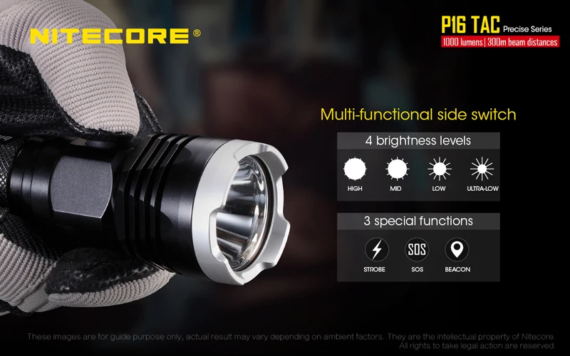 NITECORE P16TAC CREE XM-L2 U3 светодиодный тактический фонарь высокой интенсивности с 1000 люменов+ 300 м дальность луча