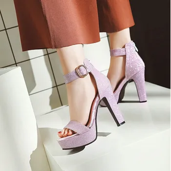 

Women Sandals Ankle Strap Chunky High Heels Ladies Platform Sandals Fashion Bling Dress Summer Shoes 2019 Black Gold Silver Pink