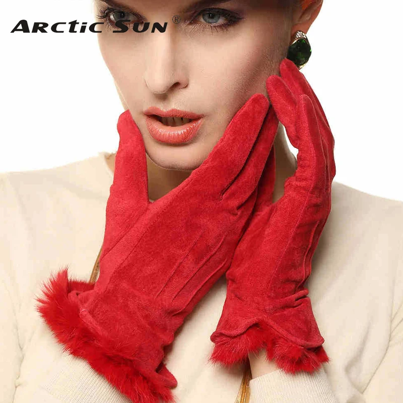 

Brand fashion Genuine leather gloves women pig suede wrist pigskin gloves 4 colors rabbit hair wrist winter leather gloves