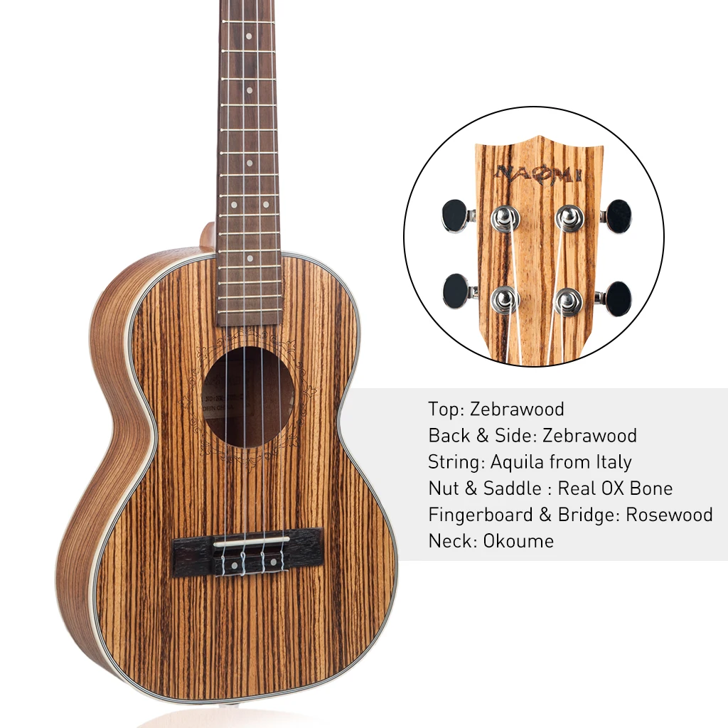 Наоми Тенор укулеле Ukelele uke 26 дюймов 18 ладов Zebrawood 4 струны Гавайская гитара Профессиональный музыкальный инструмент