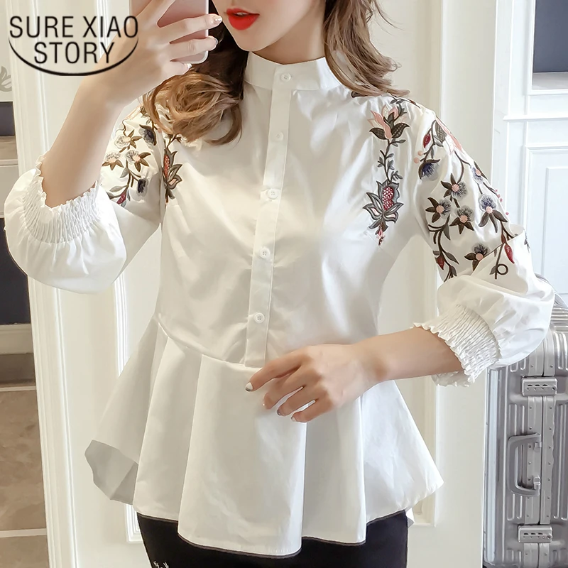  2018 autumn women fashion Sweet women blouse Full Embroidery Floral Mandarin Collar Casual Preppy S