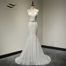 Bridal Wedding Gown Real Photos White Lace Cheap Mermaid Dress Train 2018 Vintage Sash vestido De noiva SLD-W001