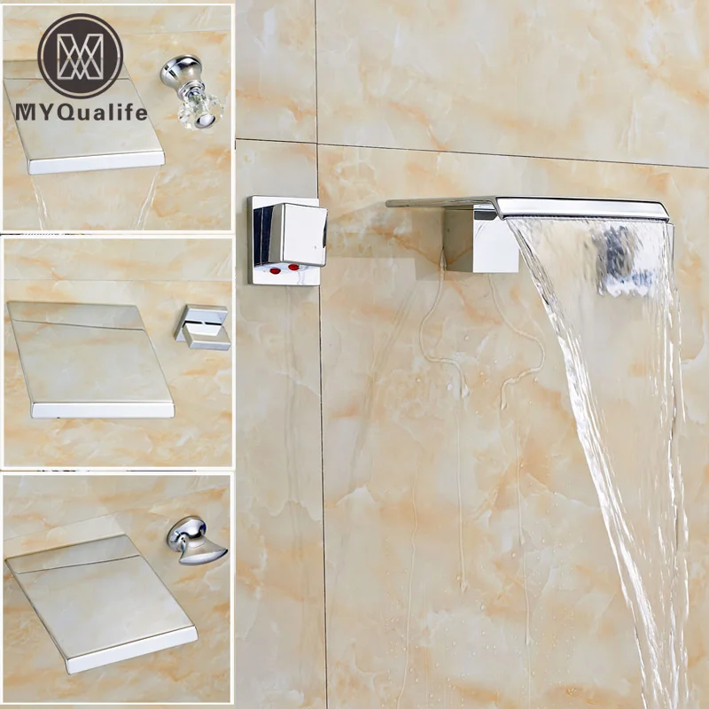 

Polished Chrome Wall Mount Waterfall Bath Sink Mixer Faucet Dual Handle Bathroom Basin Hot and Cold Water Taps