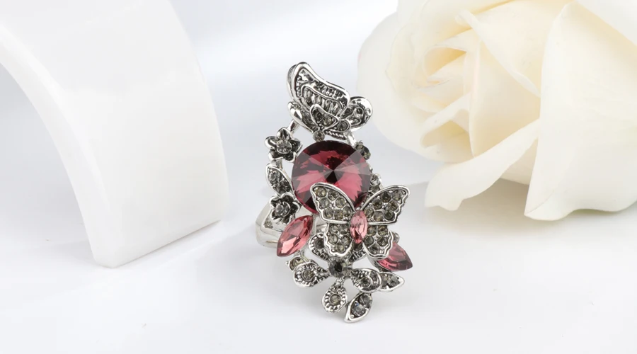 Wbmqda Hot Purple Stone Butterfly Rings For Women Fashion Antique Silver Color Wedding Jewelry Big Rhinestone Ring Party Gift