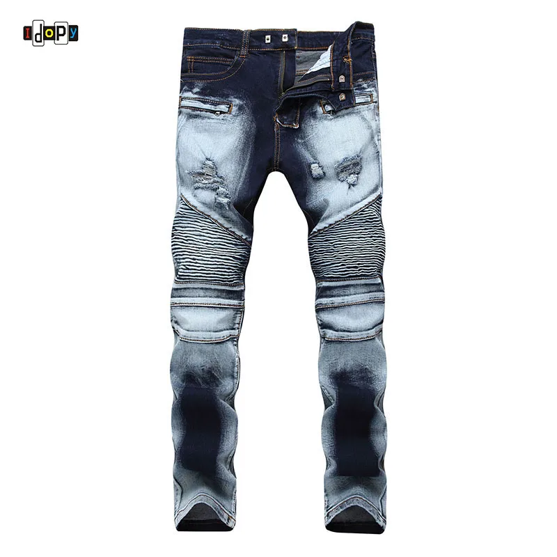 

Idopy Men`s Vintage Street Style Biker Jeans Multi Pockets Ripped Distressed Destroyed Motorcycle Jeans For Male