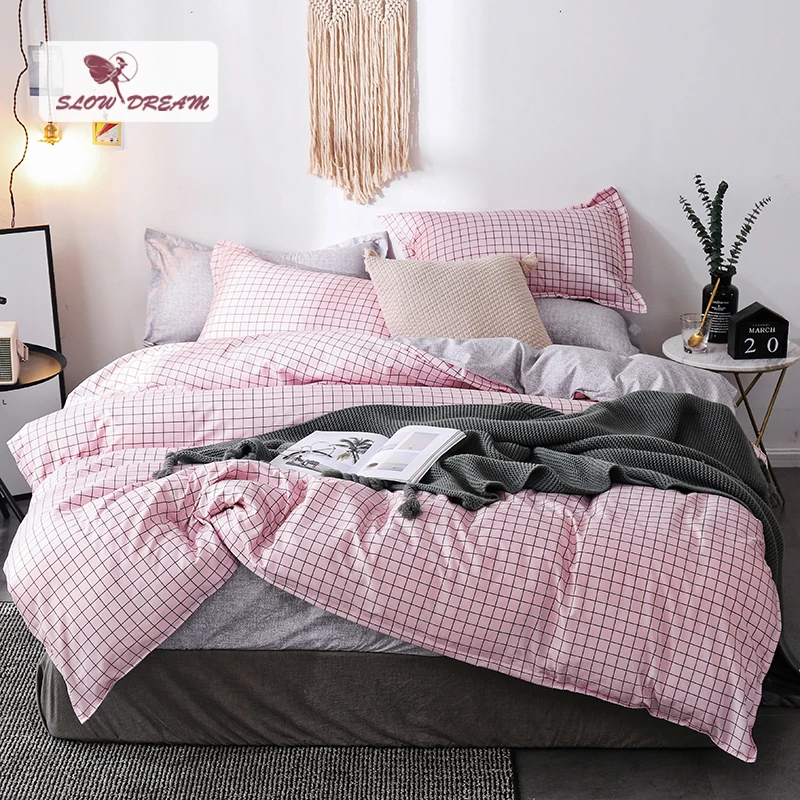 

SlowDream Geometry Art Bedding Set Pink Grid Duvet Cover Flat Sheet Pillowcase Bed Linen Nordic Bedclothes Decor Home Textiles