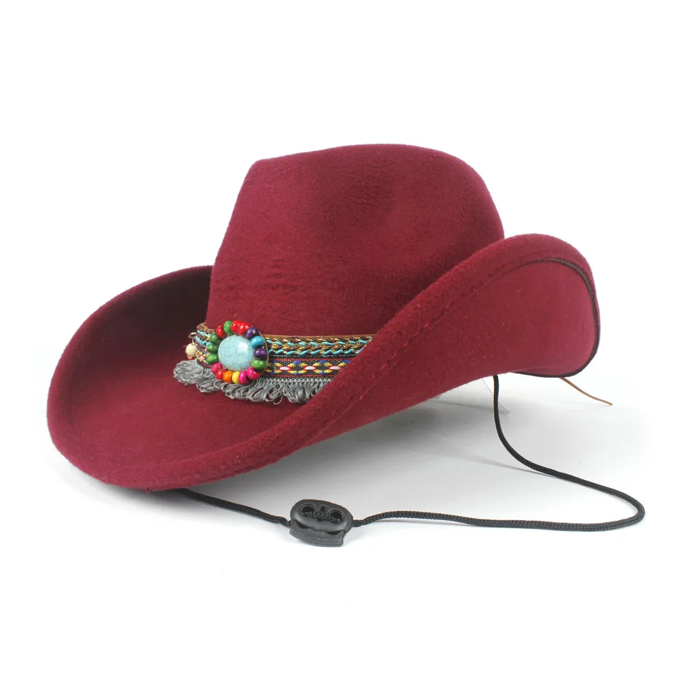 Кисточкой шерсть для женщин мужчин полые западная ковбойская шляпа Roll-up Brim джентльмен Outblack сомбреро Hombre джаз шляпа ветер веревка размер 56-58 см - Цвет: Wine red