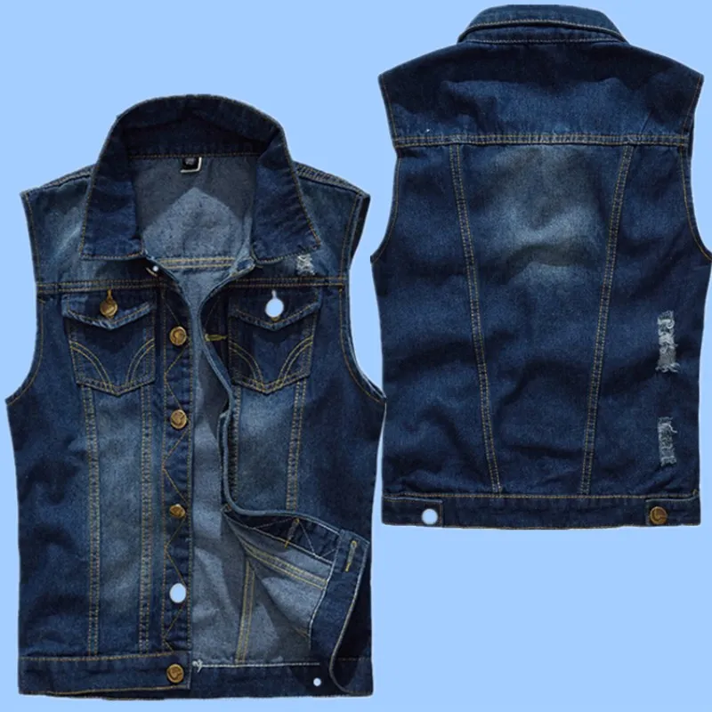 

New 5XL Denim Vest Men's Jacket Sleeveless Casual Waistcoat Men's Jean Coat Ripped Slim Fit Male Jacket Cowboy Plus Size M~5XL