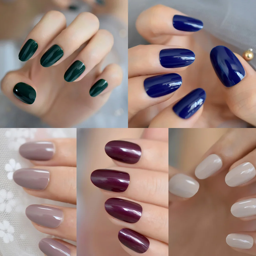 

24pcs/set Blue Nude Full Cover False Nails Short Round Soft Pure Color Green Oval UV Gel Fake nails Artificial Nails Art Tips