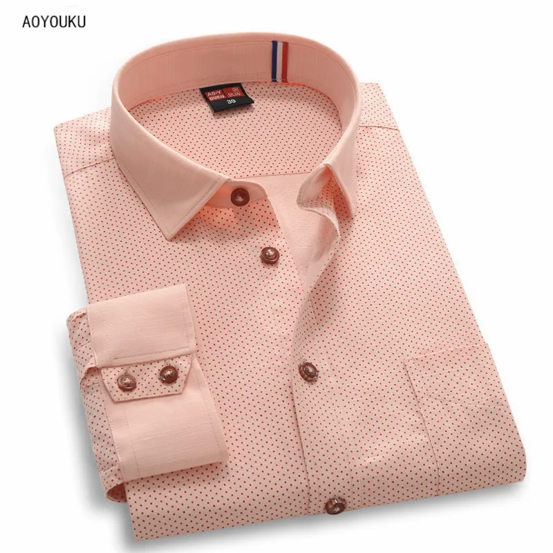 2018 Весна Одежда высшего качества розовый горошек с длинным рукавом Для мужчин рубашка Slim Fit с матросским воротником Повседневная рубашка
