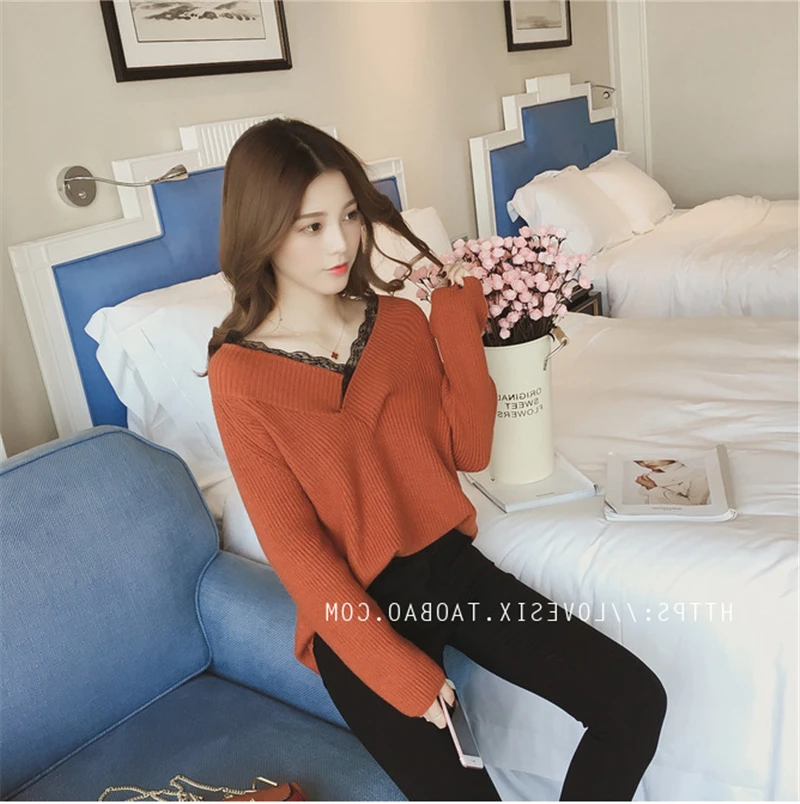 Rugod/ Весенние Новые корейские кружевные вязаные свитера с v-образным вырезом, свитер с открытыми плечами, блузка с длинными рукавами, Pull Femme